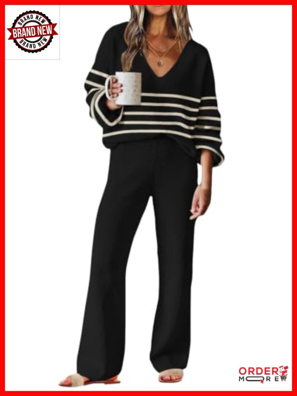 V Neck Knit Sweater Lounge Set 2 Piece Pajama Set